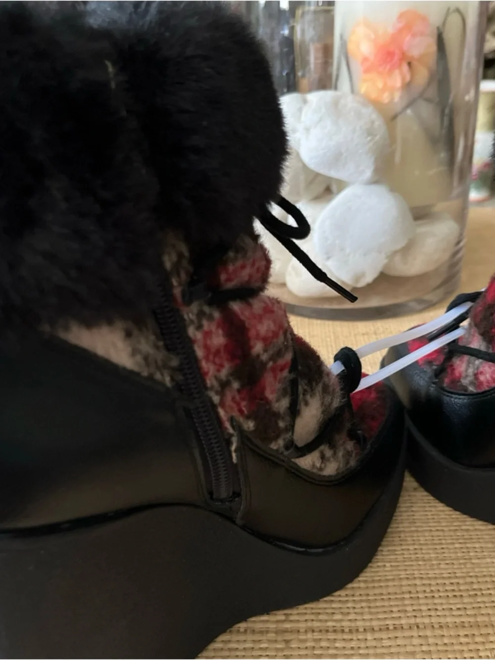 New! Jessica‎ Simpson MYINA Red Plaid Faux-Fur Trim Lace-Up Winter Boots